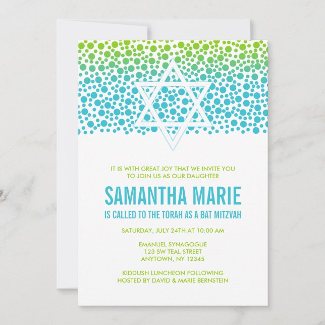 Confetti Dots Teal Lime Green Bat Mitzvah Invitation (Front)