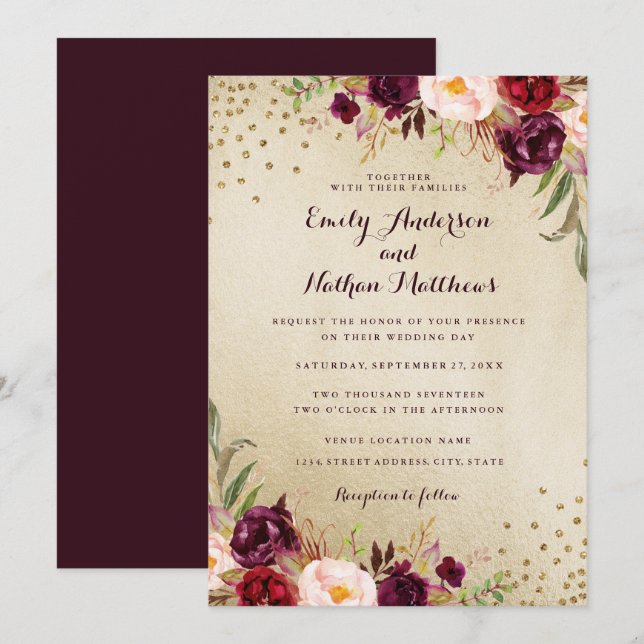 Confetti Floral Gold Burgundy Wedding Invitation (Front/Back)