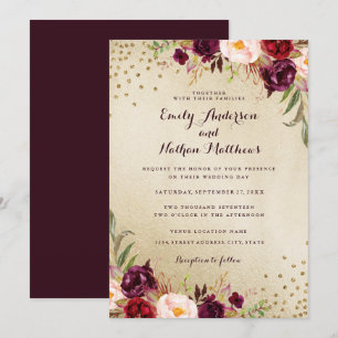 Confetti Floral Gold Burgundy Wedding Invitation