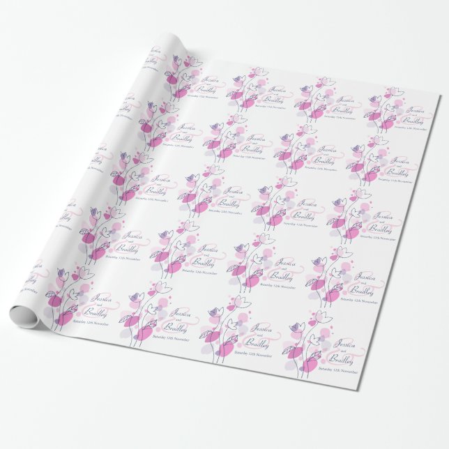 Confetti flower petals pink blue wedding wrap wrapping paper (Unrolled)