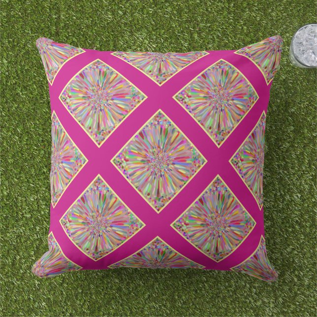 Confetti Flower Summer Pink & Yellow Quilt Plaid Outdoor Cushion (Grass)