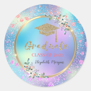 Confetti,Flowers,Holographic,Glitter Grad Cap Classic Round Sticker