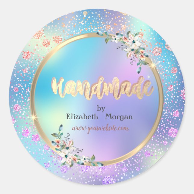 Confetti,Flowers,Holographic,Handmade Classic Round Sticker (Front)