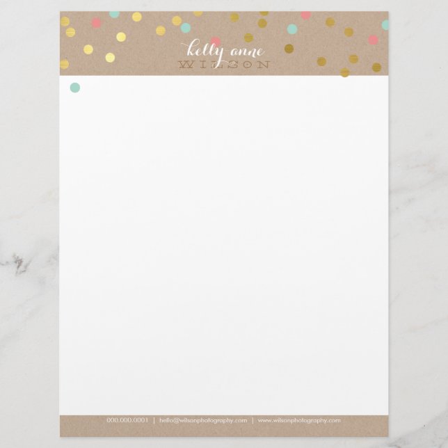CONFETTI GLAMOROUS cute gold foil coral mint kraft Letterhead Template (Front)