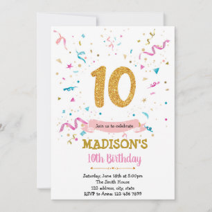 Confetti glitter 10th birthday invitation