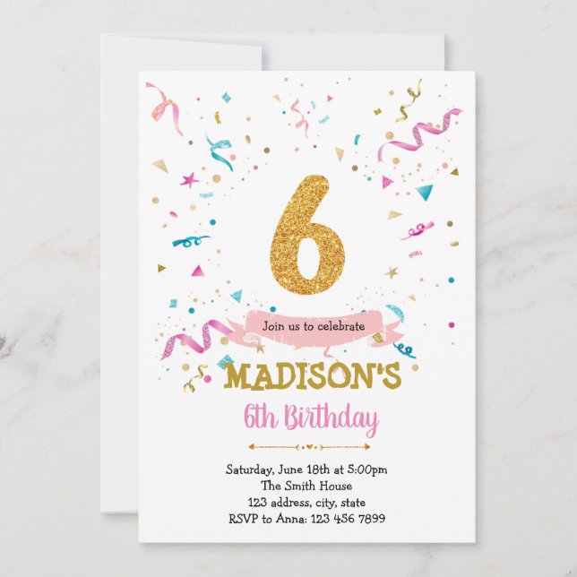 Confetti glitter 6th birthday  invitation (Front)