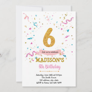 Confetti glitter 6th birthday  invitation