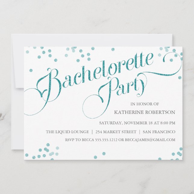 Confetti Glitter Bachelorette Party Invite, teal Invitation (Front)