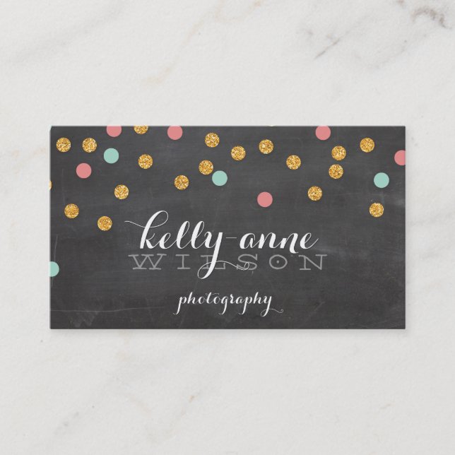 CONFETTI GLITTER cute gold coral mint chalkboard Business Card (Front)