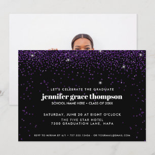Confetti Glitter Purple Black Photo Grad Party Invitation