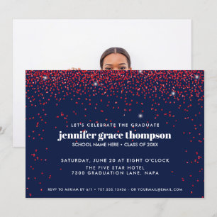 Confetti Glitter Red Blue Photo Graduation Party Invitation