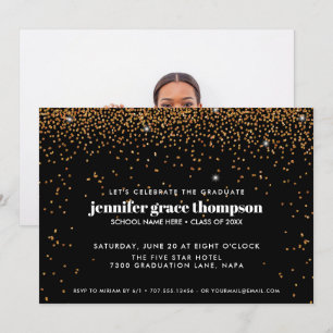 Confetti Gold and BLACK Photo Graduation Party Invitation