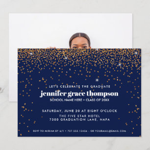 Confetti Gold and Blue Photo Graduation Party Invitation
