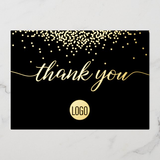 Confetti Gold Black Business logo Thank you  Foil Holiday Card (Front)