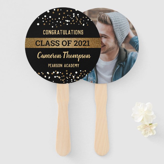 Confetti Gold Black Class of 2021 Graduate Photo Hand Fan (Front and Back)