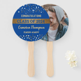 Confetti Gold Blue Class of 2024 Graduate Photo Hand Fan