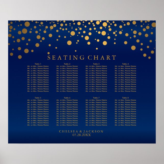 Confetti Gold Dots & Navy Blue Satin Seating Chart (Front)