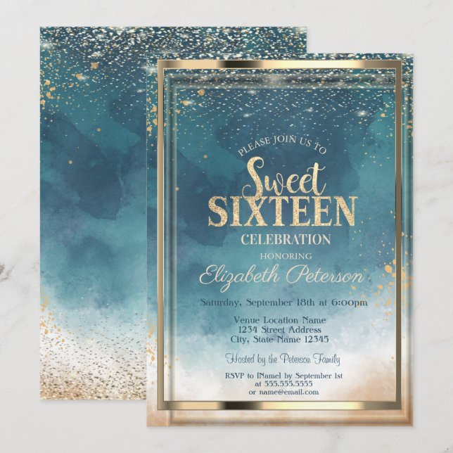 Confetti Gold Frame Watercolor Splash Sweet 16 Invitation (Front/Back)