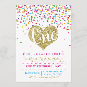 Confetti Gold Glitter First Birthday Invitation