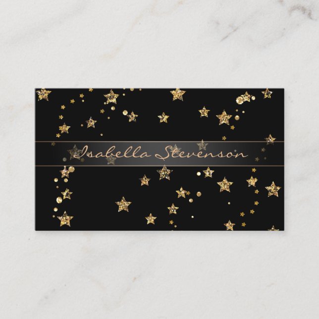 Confetti golden stars glitter shine elegant black business card (Front)