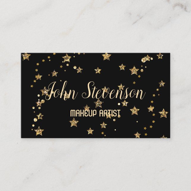 Confetti golden stars glitter shine elegant black business card (Front)