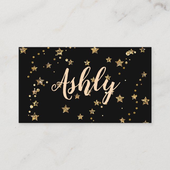 Confetti golden stars glitter shine elegant black business card (Front)