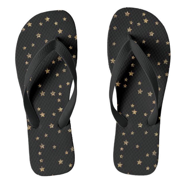 Confetti golden stars glitter shine elegant black flip flops (Footbed)