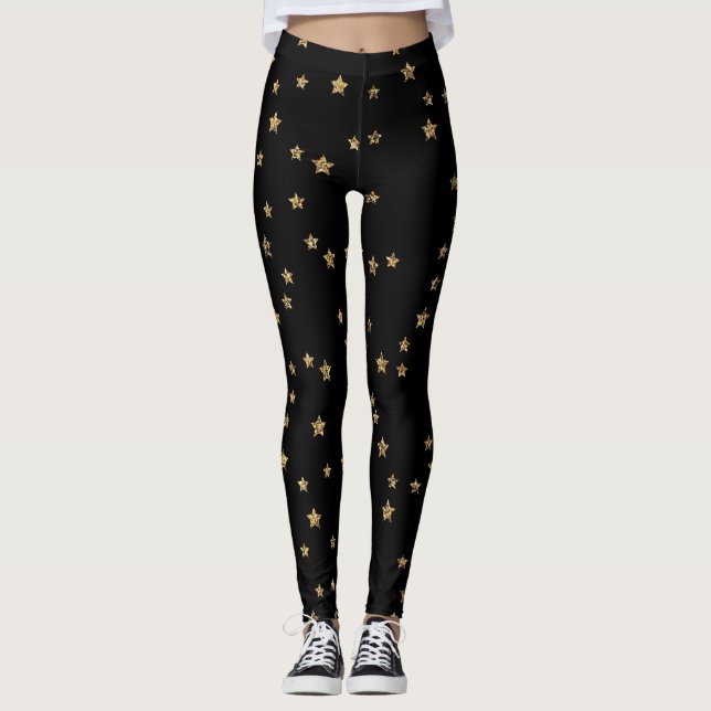 Confetti golden stars glitter shine elegant black leggings (Front)