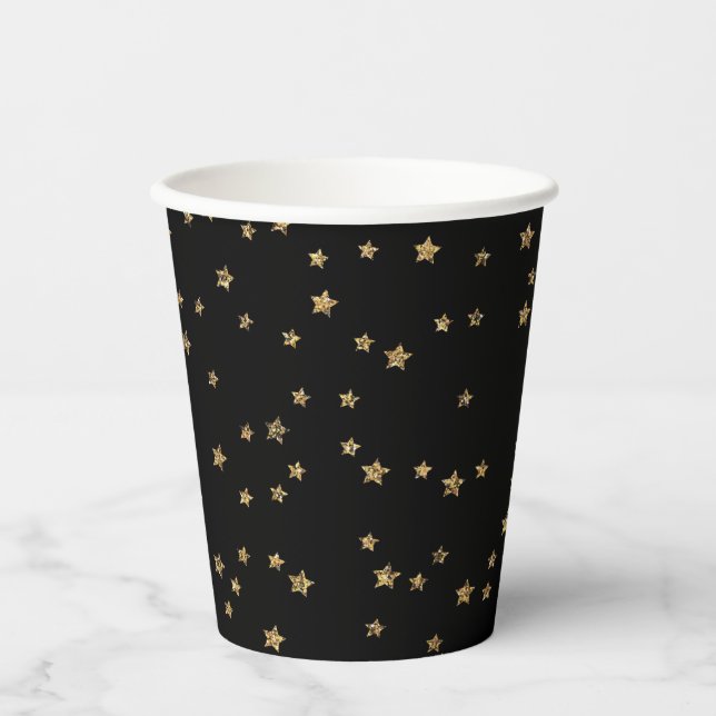 Confetti golden stars glitter shine elegant black  paper cups (Front)