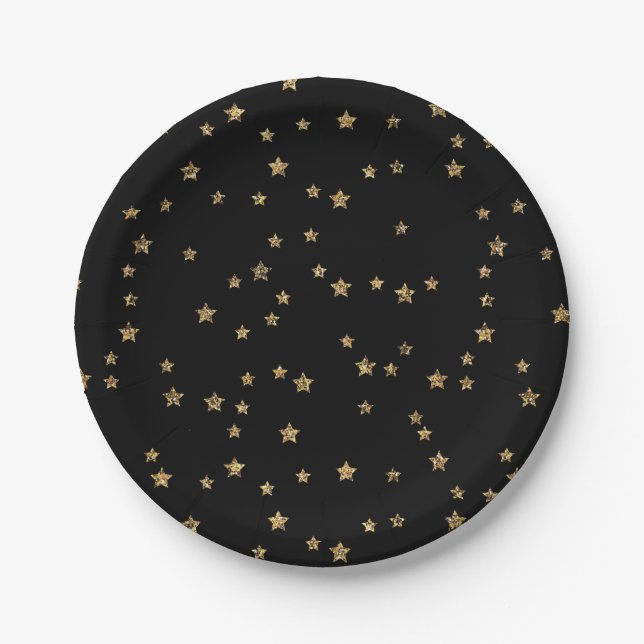 Confetti golden stars glitter shine elegant black  paper plate (Front)