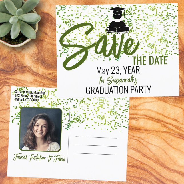 Confetti Graduation Custom Photo Save The Date Announcement Postcard (Creator Uploaded)