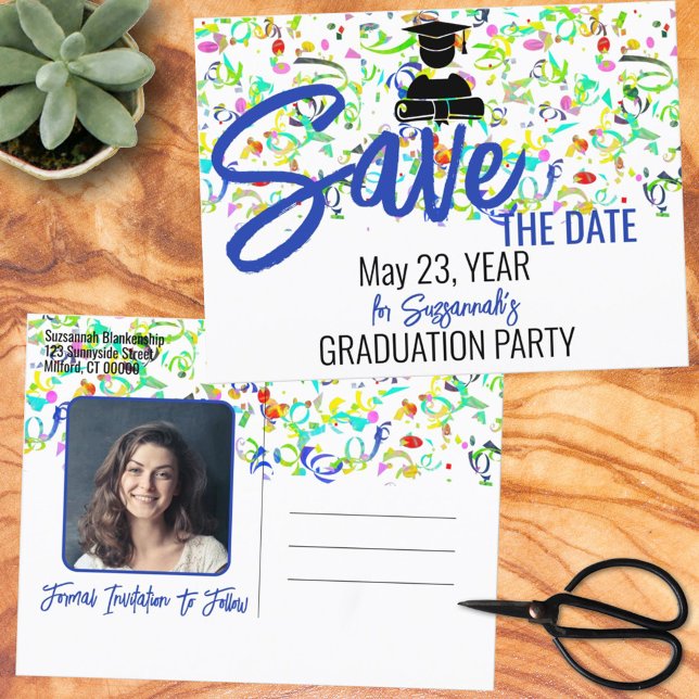 Confetti Graduation Custom Photo Save The Date Announcement Postcard (Creator Uploaded)
