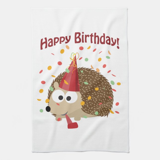 Confetti Happy Birthday Hedgehog Tea Towel (Vertical)