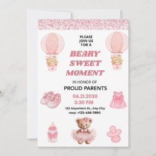 CONFETTI IT'S A GIRL BEAR PINK 5X7 BABY SHOWER INVITATION