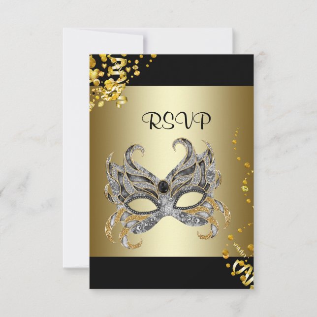 Confetti Mask Black Gold Masquerade Party RSVP (Front)