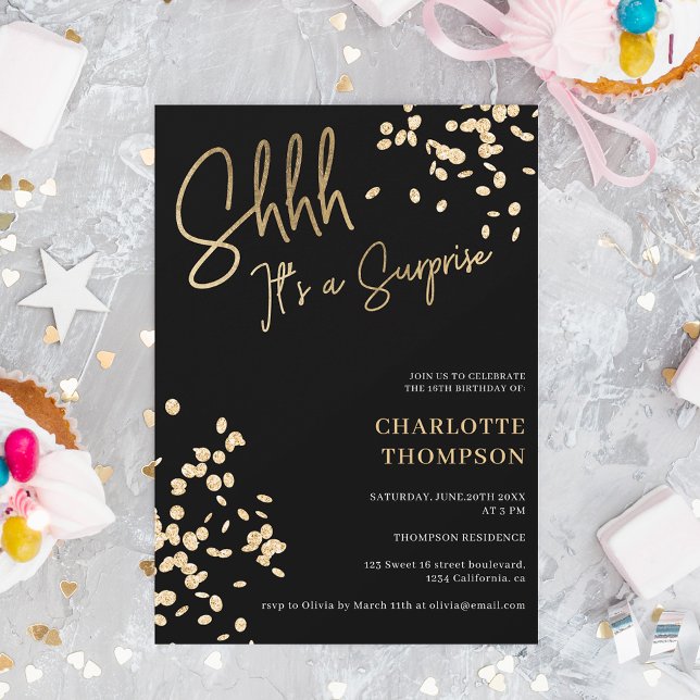Confetti modern gold black photo surprise Sweet 16 Invitation (Creator Uploaded)