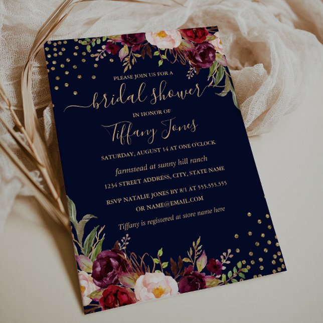 Confetti Navy Burgundy Gold Floral Bridal Shower Invitation (Creator Uploaded)