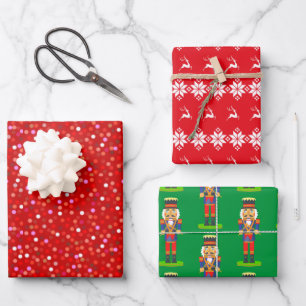 Confetti, Nutcracker, Reindeer & Snowflakes on Red Wrapping Paper Sheet
