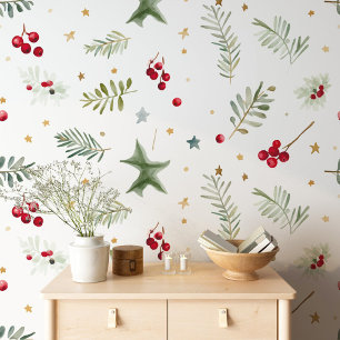 Confetti Of Stars Berries Green Branches Christmas Wallpaper
