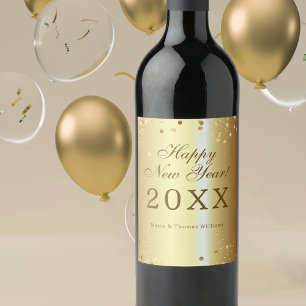 Confetti on a Shiny Glam Gold Metallic New Year Wine Label