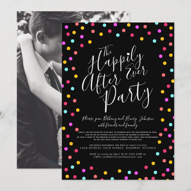 Confetti on black happily ever after wedding party invitation (Front/Back)