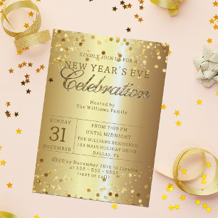 Confetti on Gold Metallic New Year's Eve Party Invitation