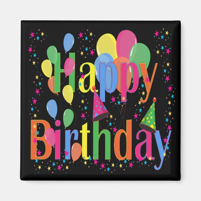 Confetti, Party Hats and Balloons Black Background Magnet (Front)