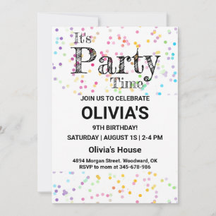 Confetti Party Invite, It's Party Time, Colourful Invitation