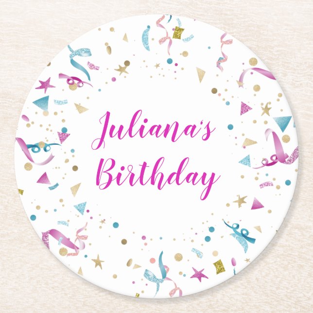 Confetti Party Pink and Blue Sparkle Birthday Round Paper Coaster (Front)