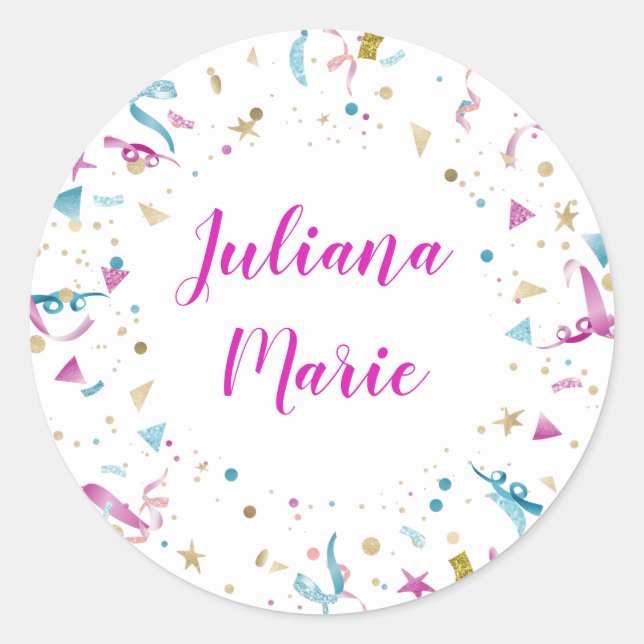 Confetti Party Pink and Blue Sparkle Classic Round Sticker (Front)