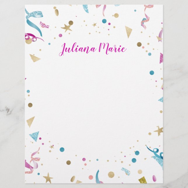 Confetti Party Pink and Blue Sparkle Custom Letterhead (Front)