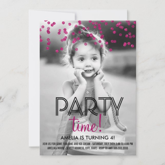 Confetti Party Time Photo Birthday Party Invite (Front)