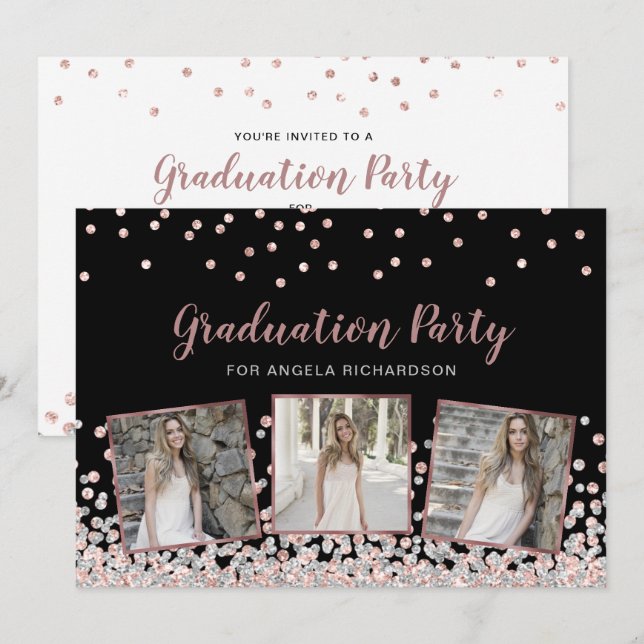 Confetti Photo Collage Rose Gold Graduation Party Invitation (Front/Back)