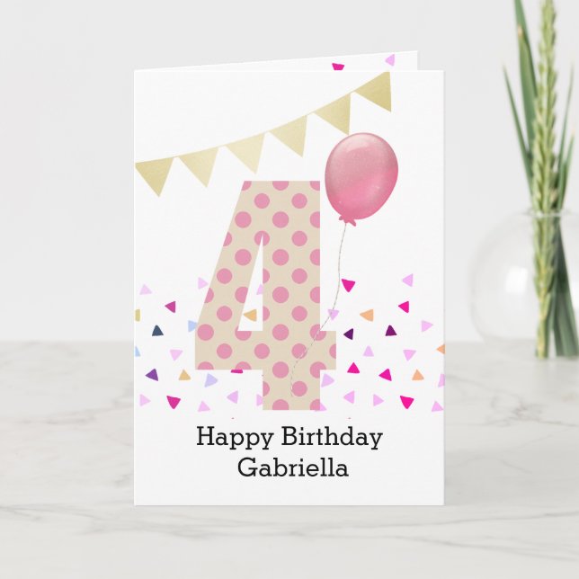 Confetti Pink Polka Dot 4th Birthday Card (Front)